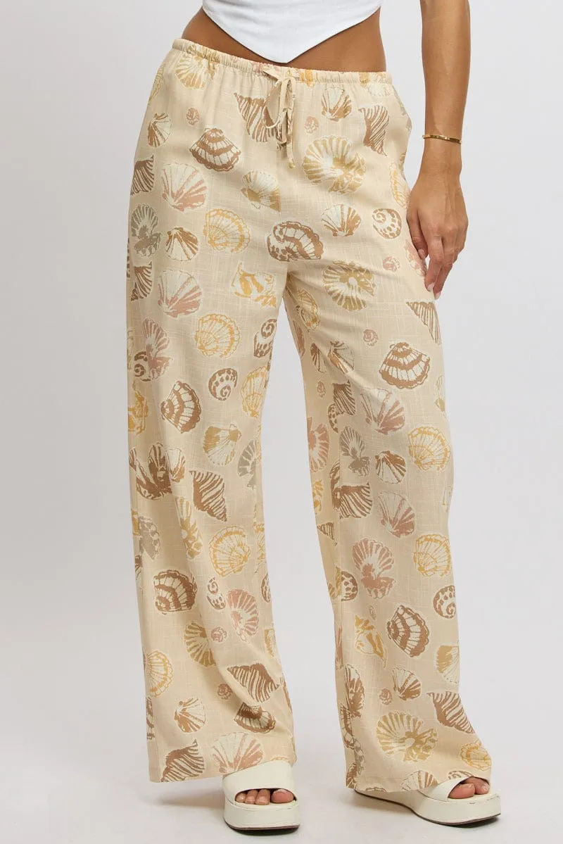 Beige Abstract Wide Leg Pants High Rise