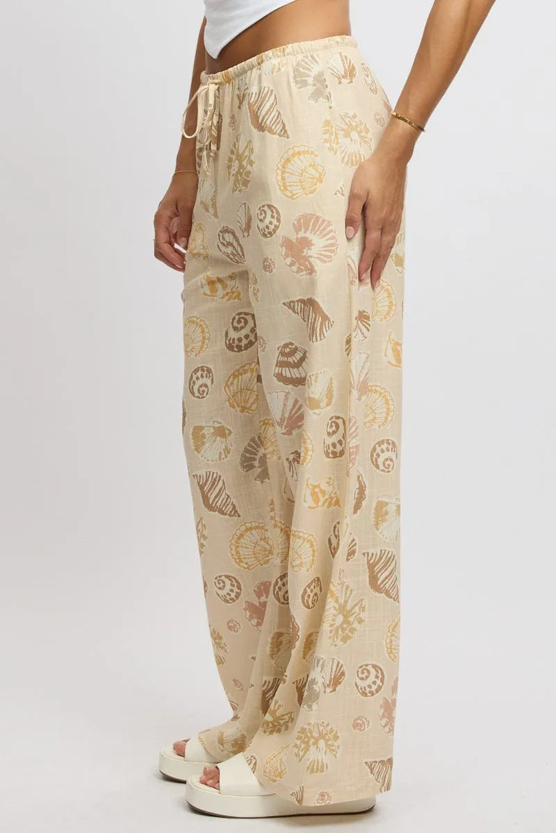 Beige Abstract Wide Leg Pants High Rise