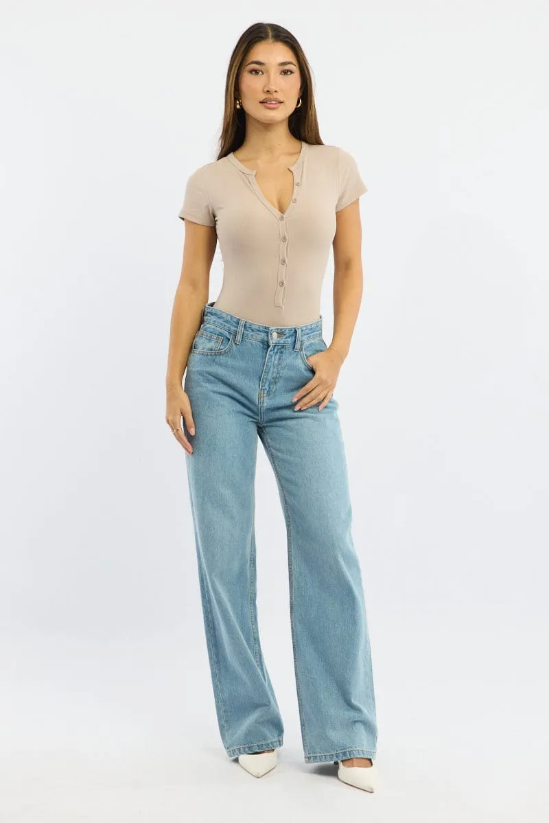 Beige Bodysuit Short Sleeve Button Front Rib