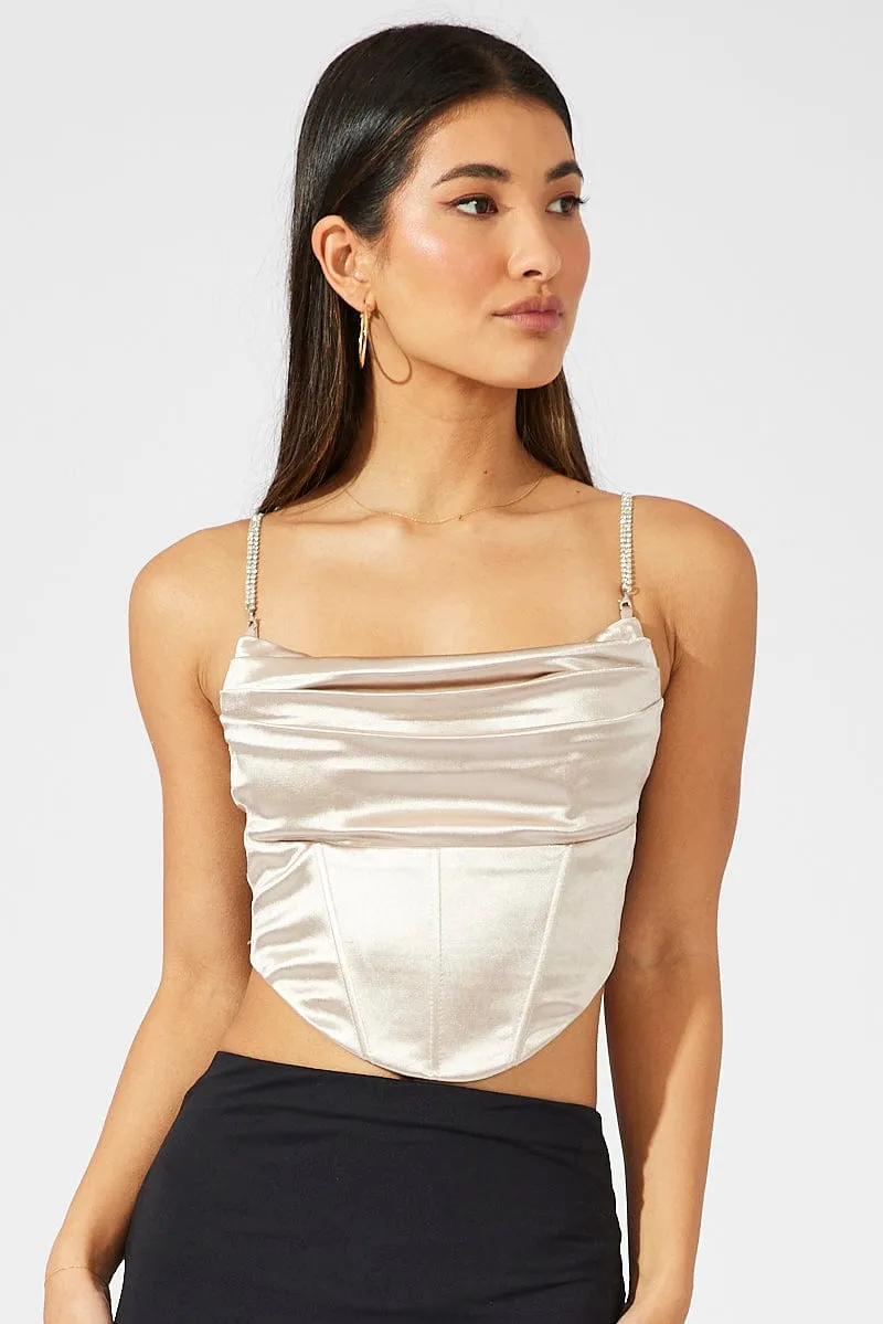 Beige Satin Cami Sleeveless Diamante Strap
