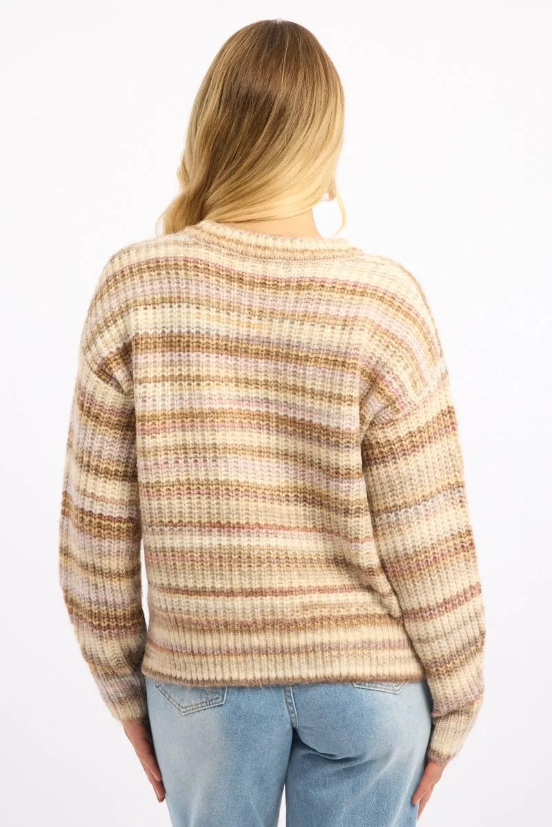 Beige Stripe Knit Jumper Long Sleeve Multi Stripe