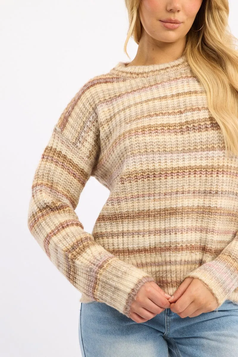 Beige Stripe Knit Jumper Long Sleeve Multi Stripe