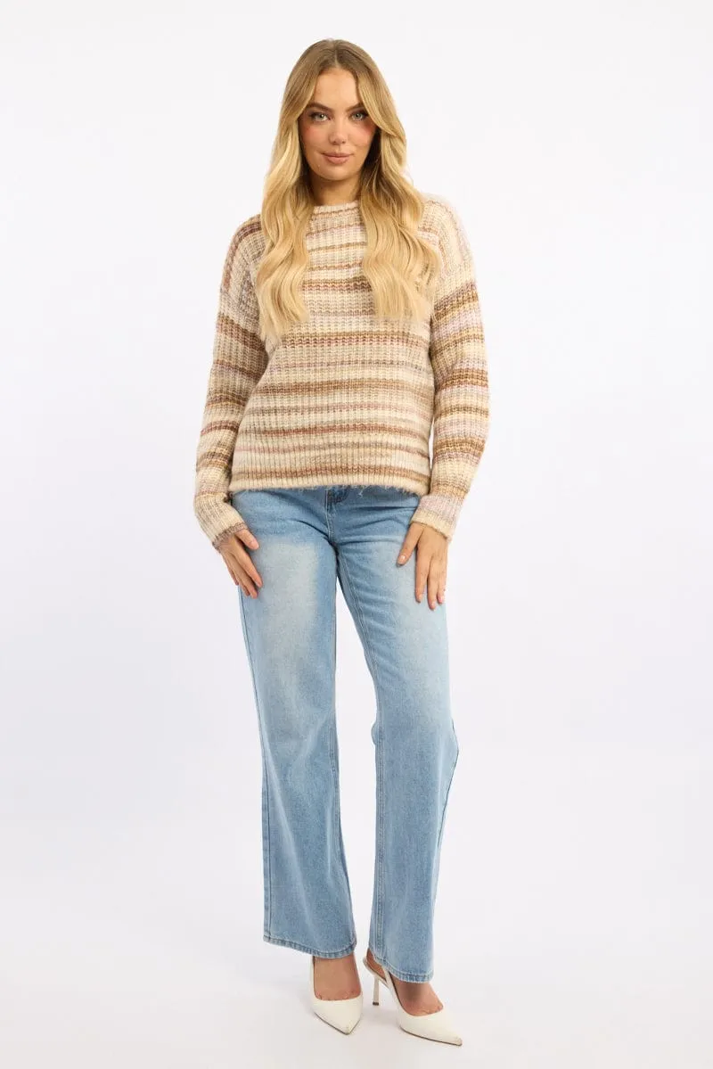 Beige Stripe Knit Jumper Long Sleeve Multi Stripe