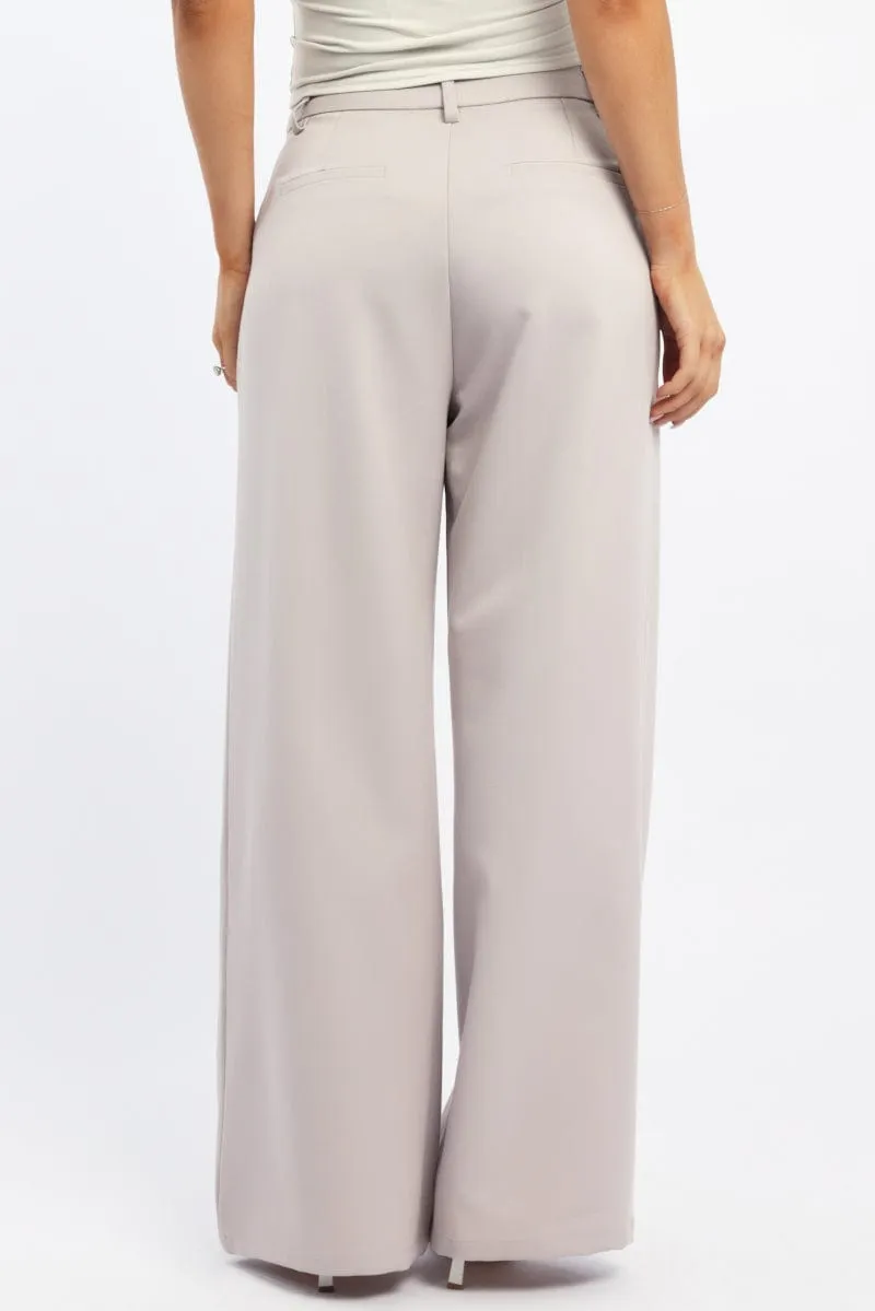 Beige Wide Leg Pants High Rise