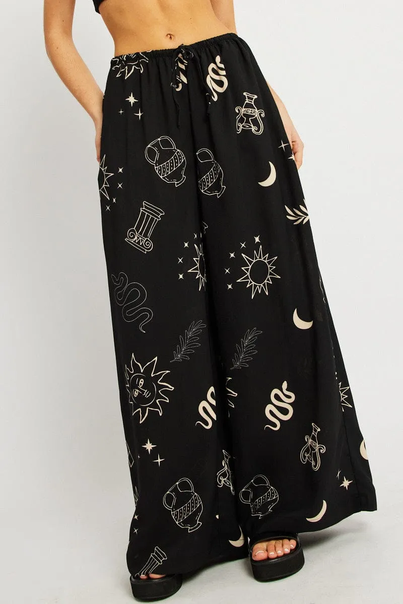 Black Abstract Wide Leg Pants High Rise