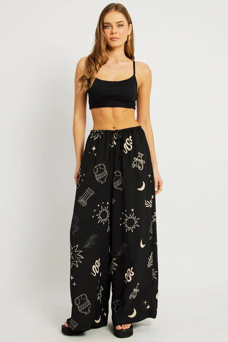 Black Abstract Wide Leg Pants High Rise
