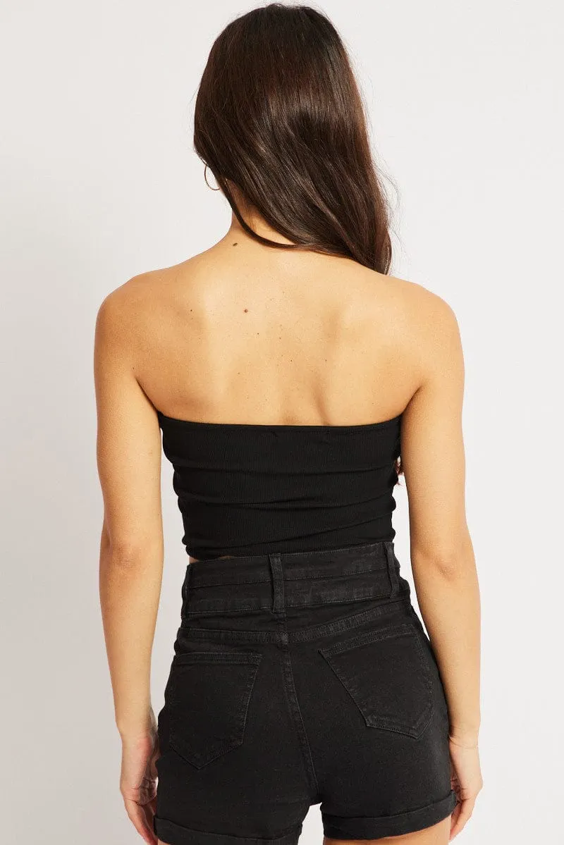 Black Bandeau Top Cotton Rib