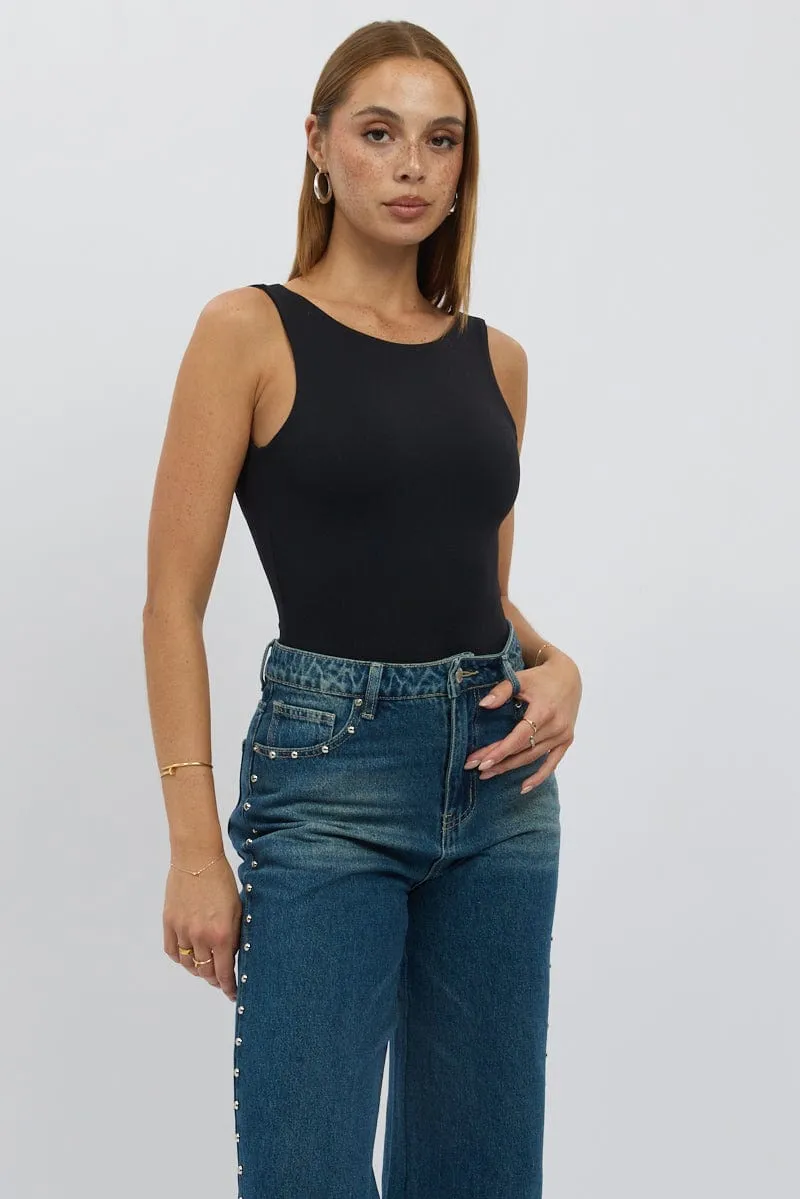 Black Bodysuit Sleeveless Open Back Supersoft