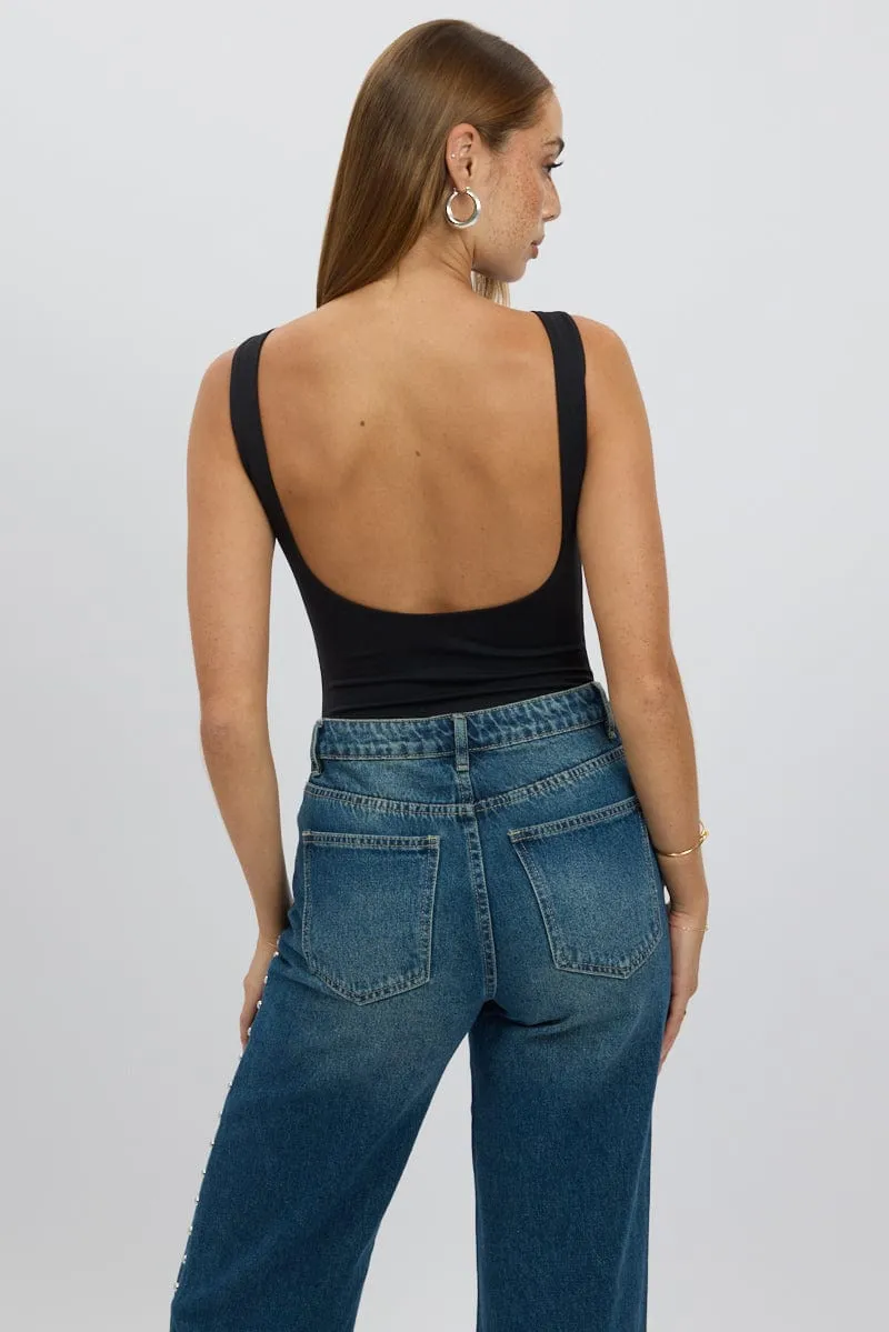 Black Bodysuit Sleeveless Open Back Supersoft