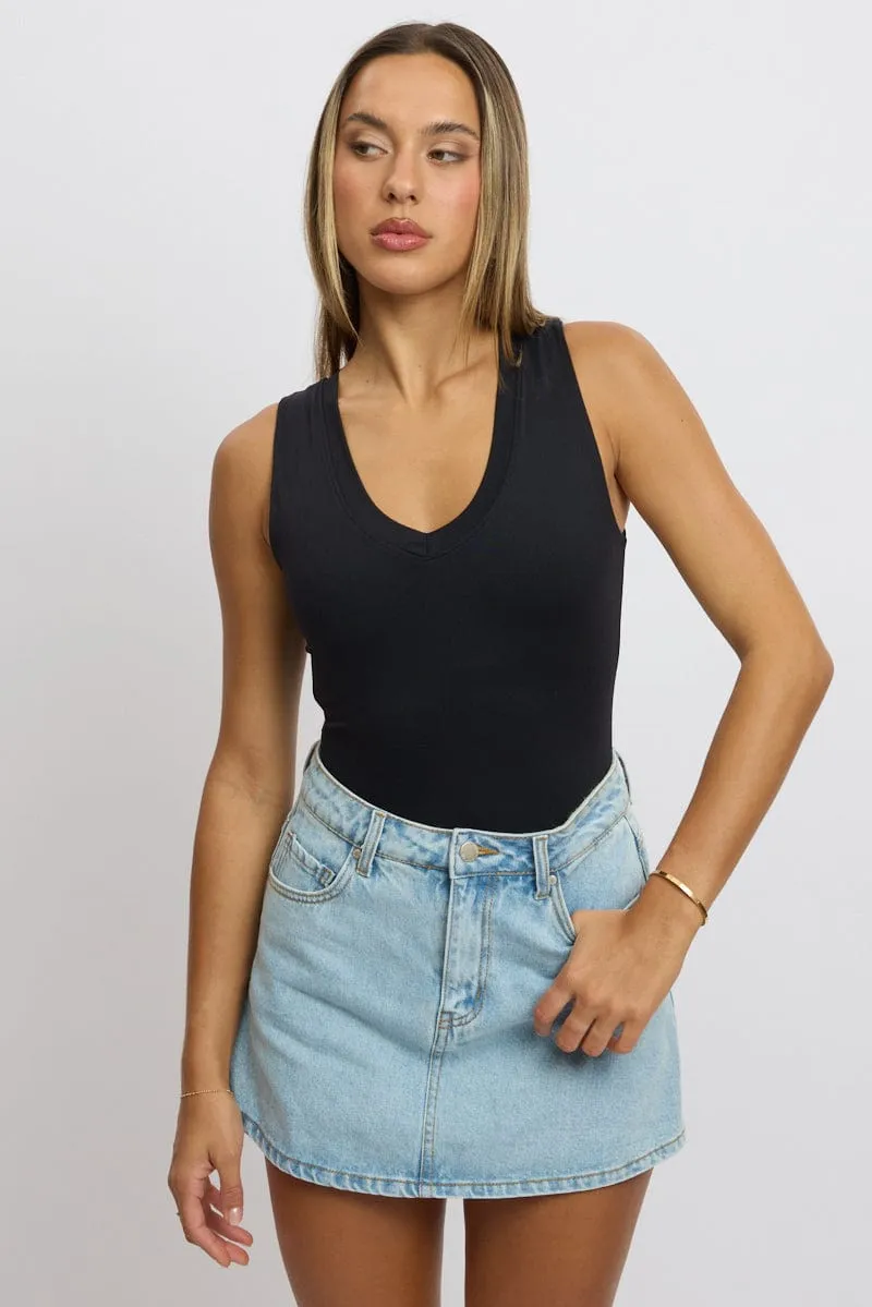 Black Bodysuit Sleeveless V Neck