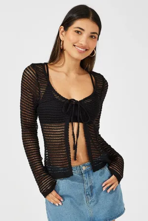 Black Bolero Top Long Sleeve Front Tie