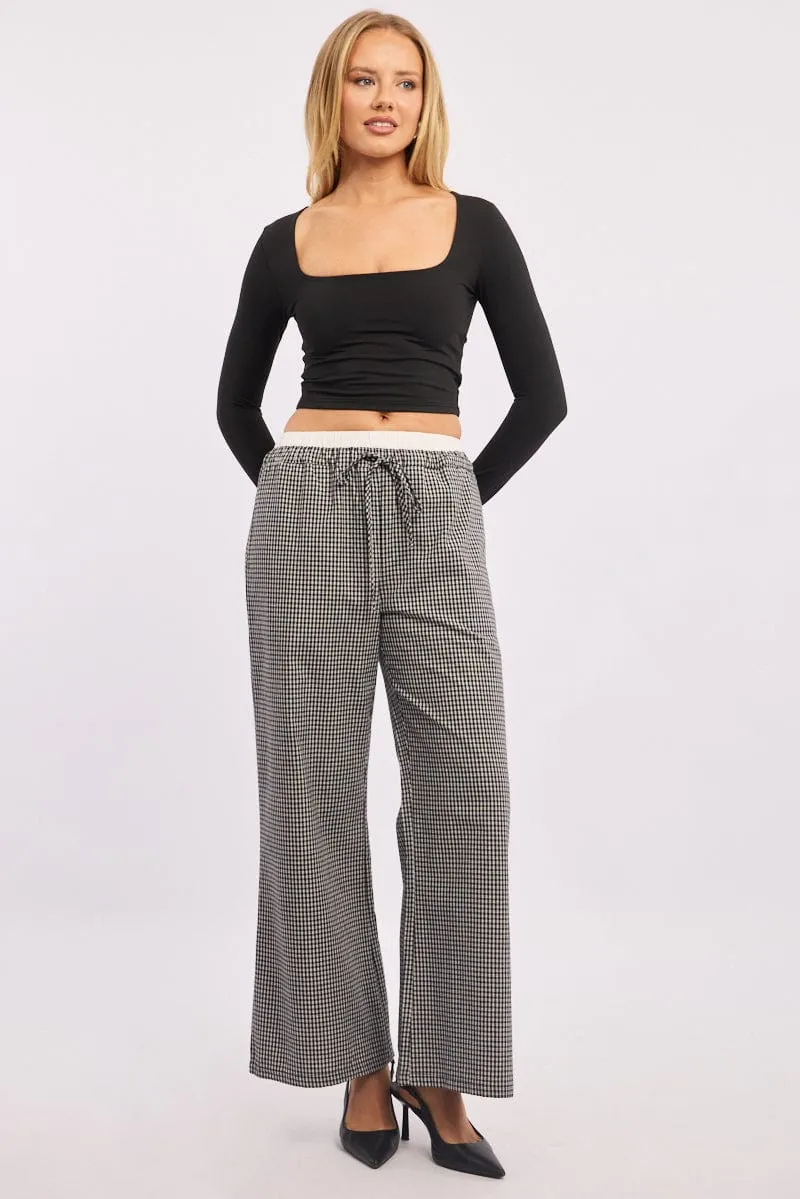 Black Check Wide Leg Pants Contrast Waist