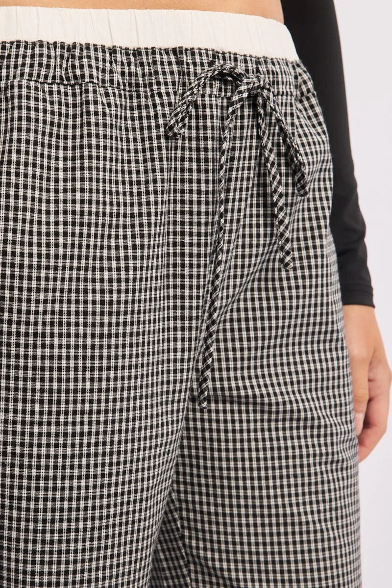 Black Check Wide Leg Pants Contrast Waist