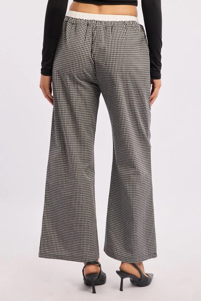 Black Check Wide Leg Pants Contrast Waist