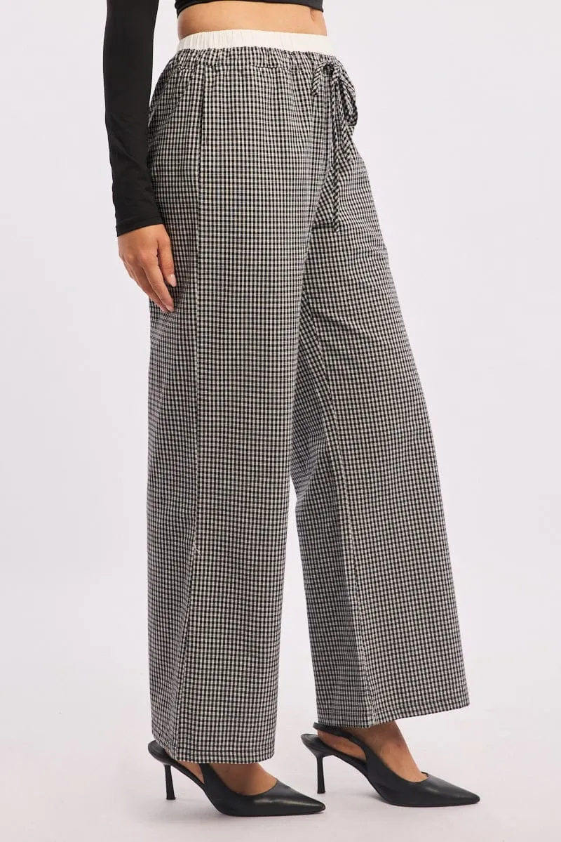Black Check Wide Leg Pants Contrast Waist