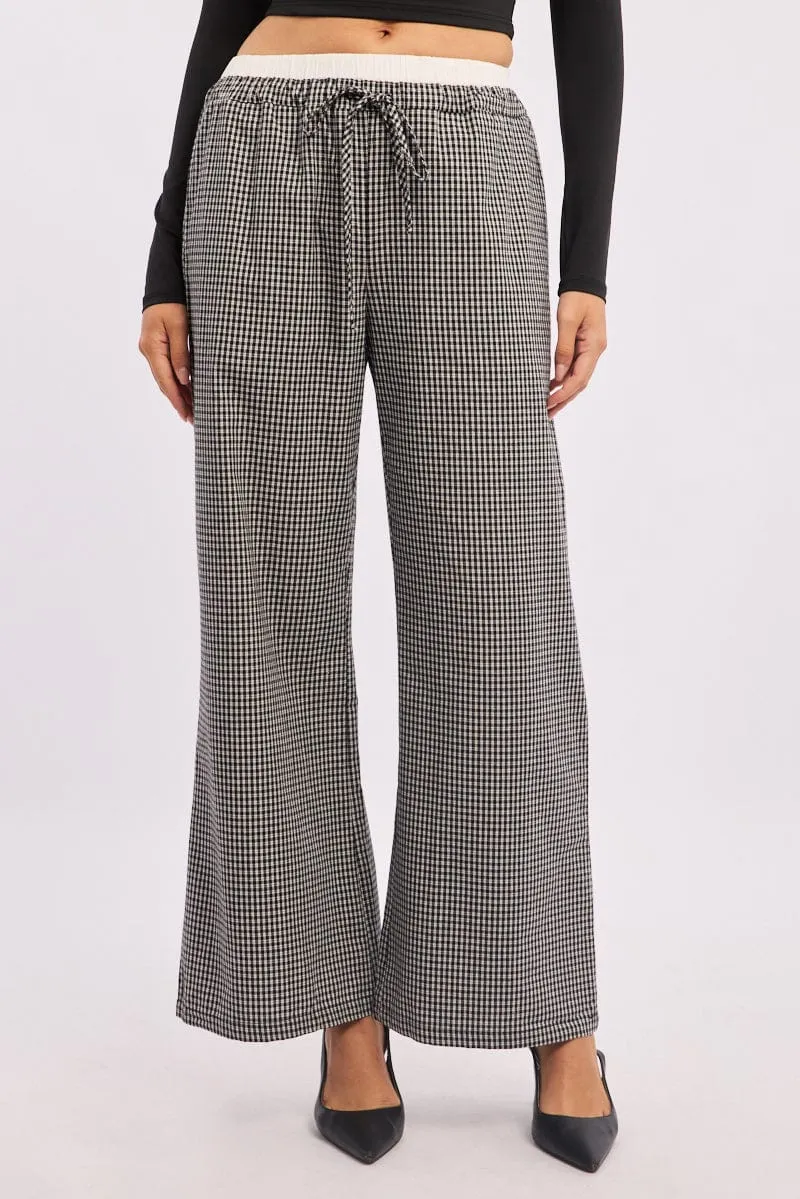 Black Check Wide Leg Pants Contrast Waist