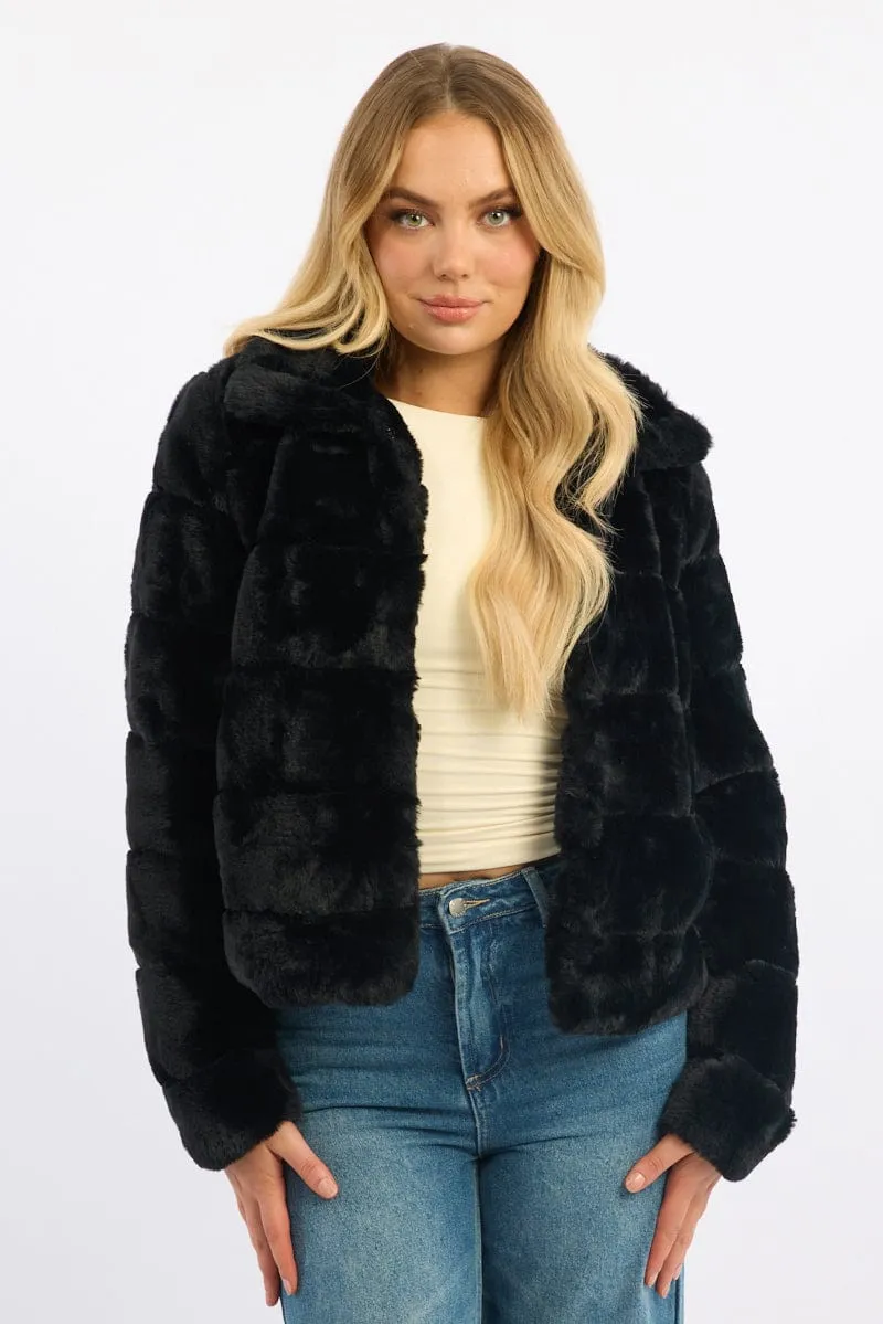Black Faux Fur Jacket With Lapel Collar