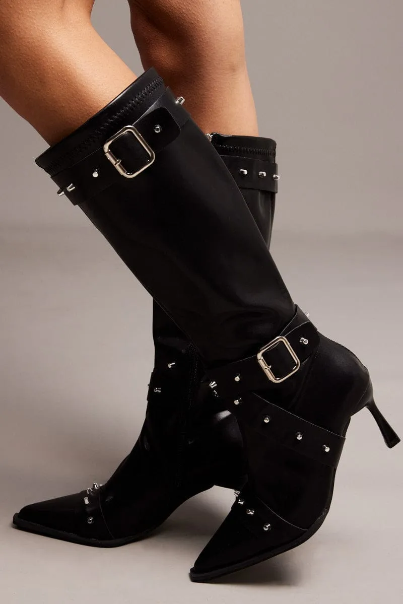 Black Studded Strap Heeled Knee Boots