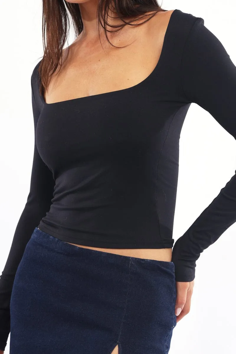 Black Supersoft Top Square Neck Long Sleeve
