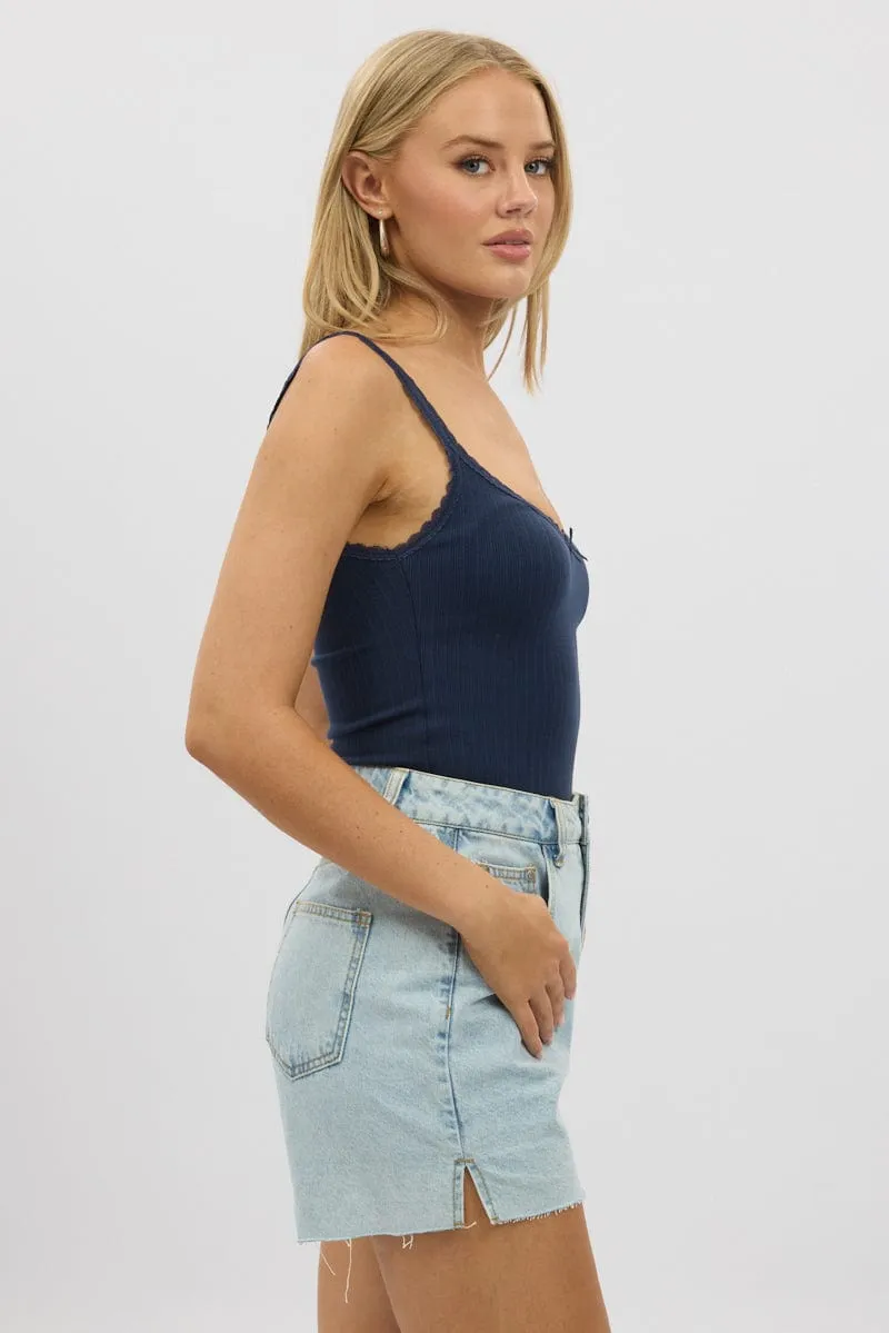 Blue Sleeveless Tank Top Rib