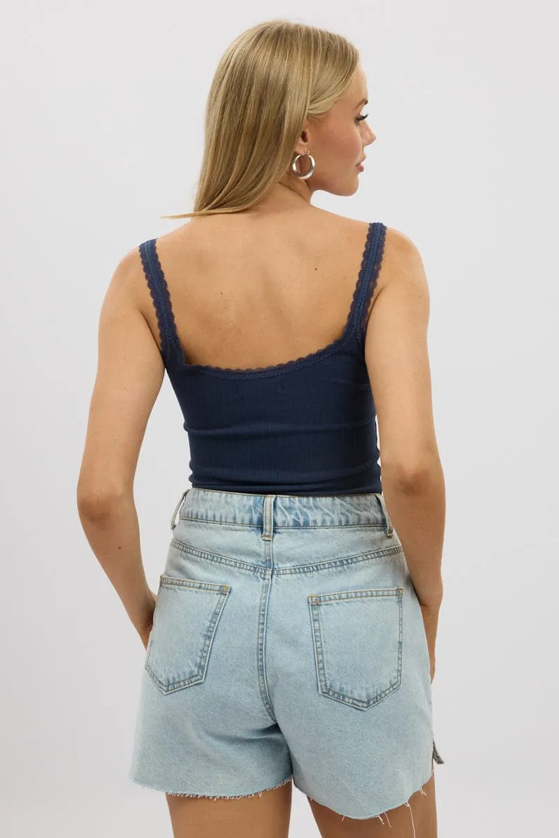 Blue Sleeveless Tank Top Rib