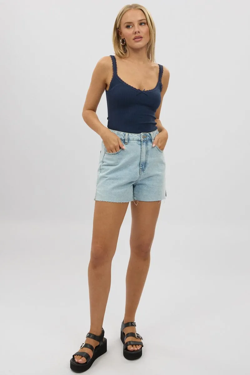 Blue Sleeveless Tank Top Rib