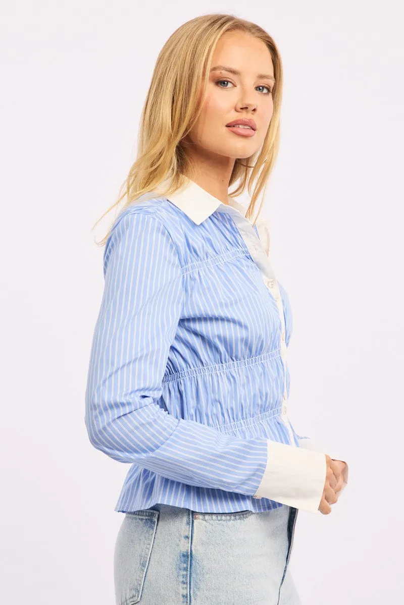 Blue Stripe Shirred Shirt Long Sleeve Button Up