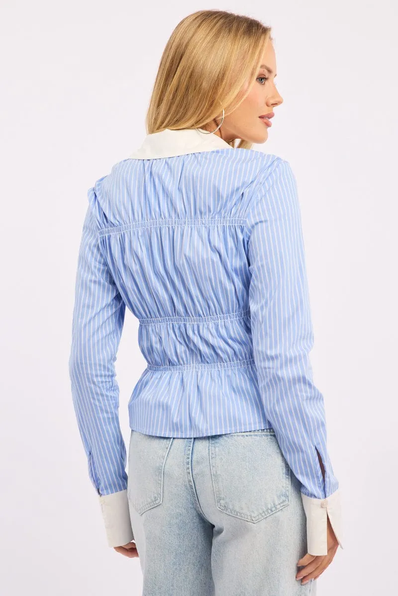 Blue Stripe Shirred Shirt Long Sleeve Button Up