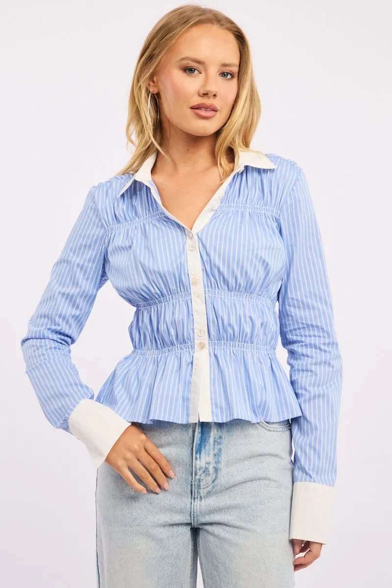 Blue Stripe Shirred Shirt Long Sleeve Button Up