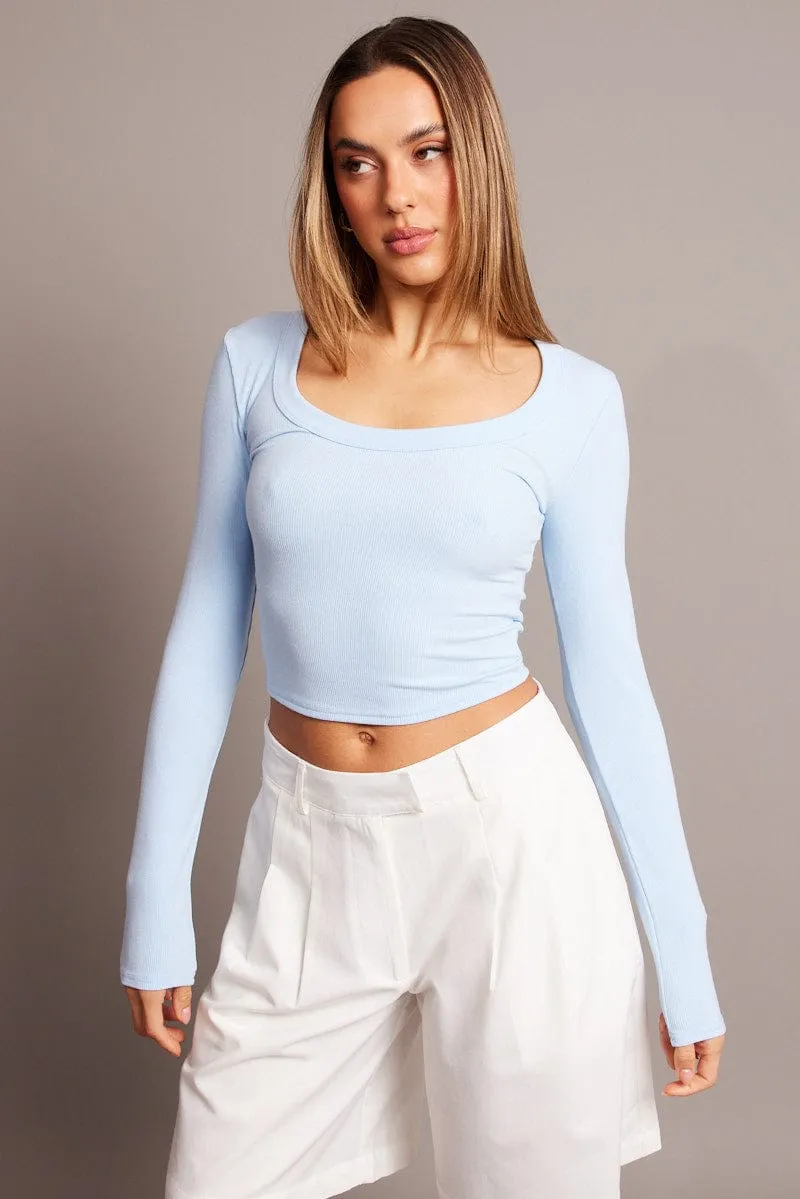 Blue T Shirt Long Sleeve Scoop Neck Rib Jersey