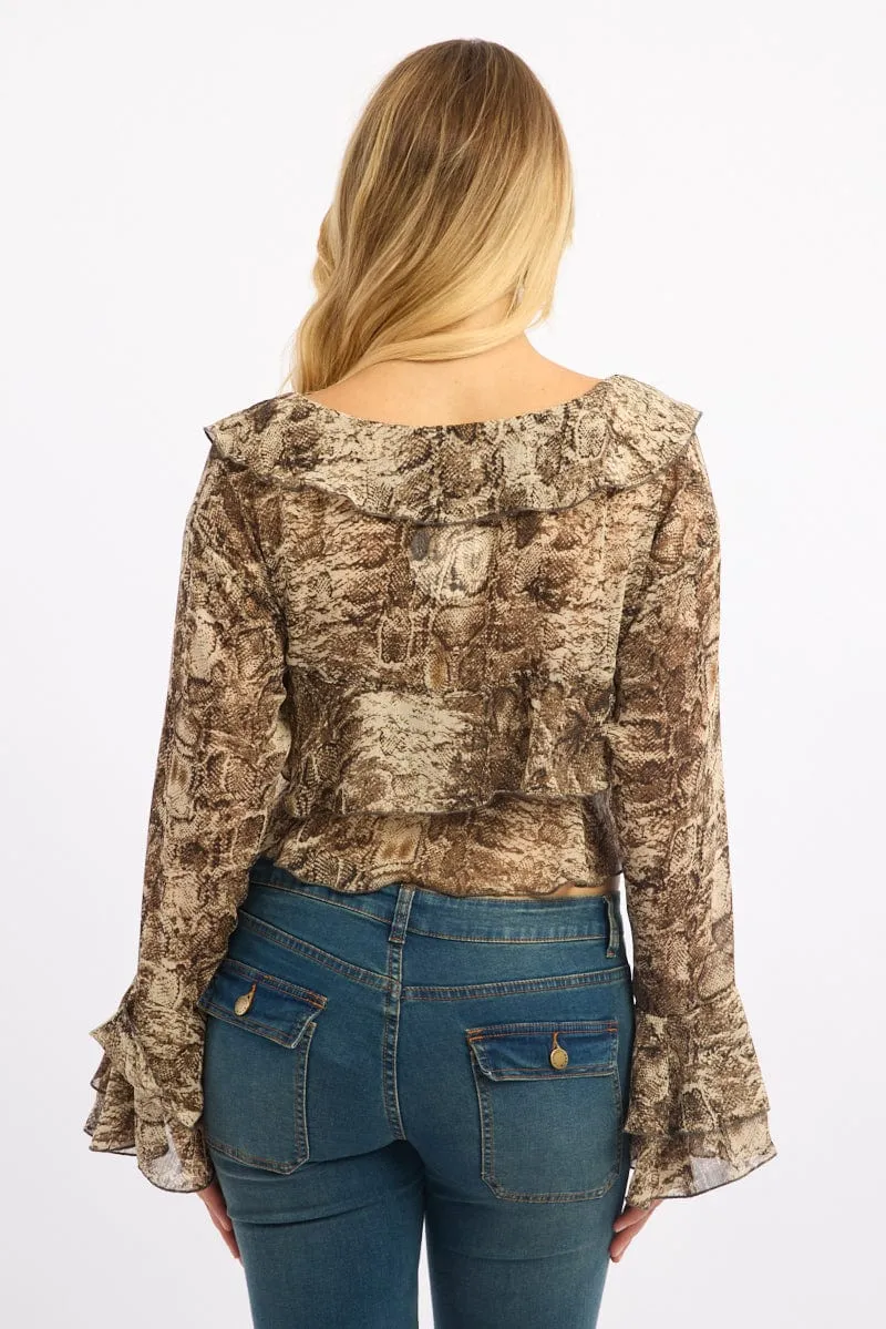 Brown Animal Print Tie Up Blouse Long Sleeve Frill Detail Romantic