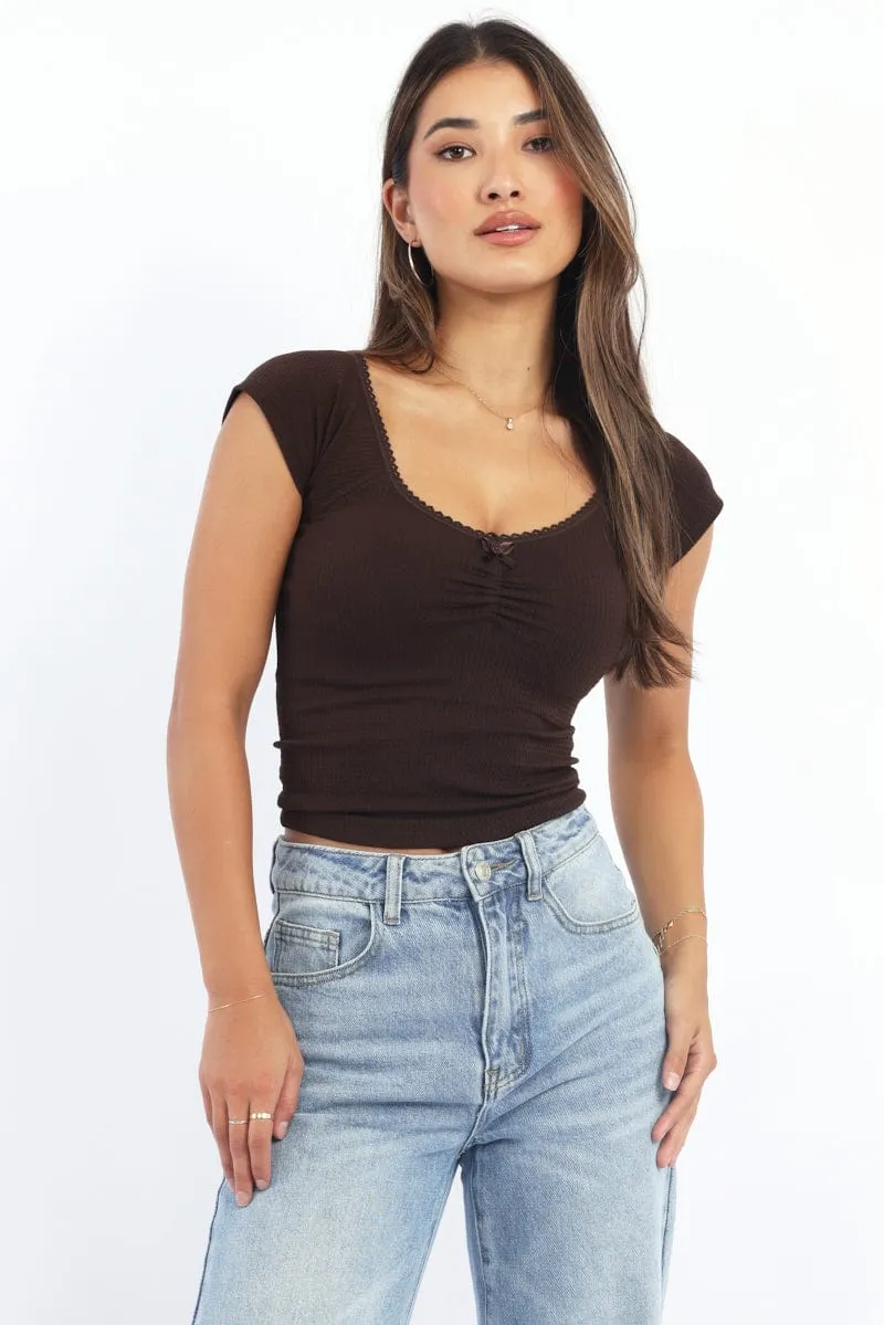 Brown Seamless Top Short Sleeve Picot Trim Rib