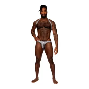Male Power S'naked Shoulder Sling Harness Thong One-Piece Silver/Black S/M