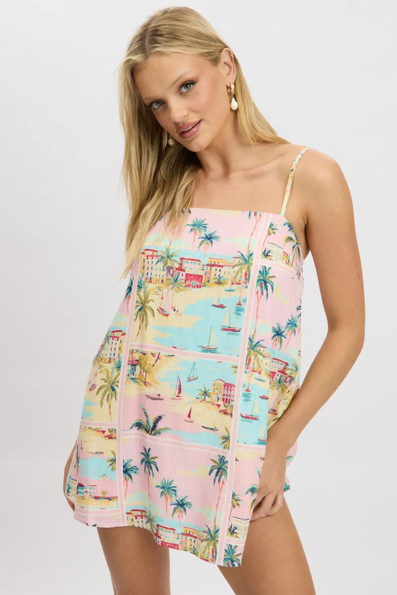 Multi Abstract Mini Dress Strappy Square Neck