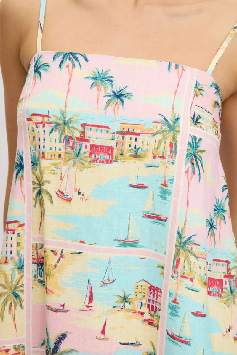 Multi Abstract Mini Dress Strappy Square Neck