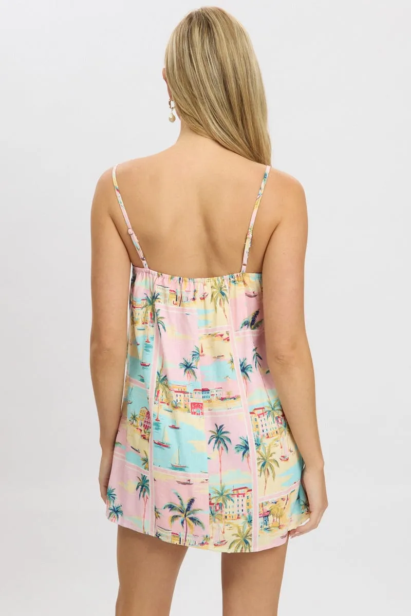 Multi Abstract Mini Dress Strappy Square Neck