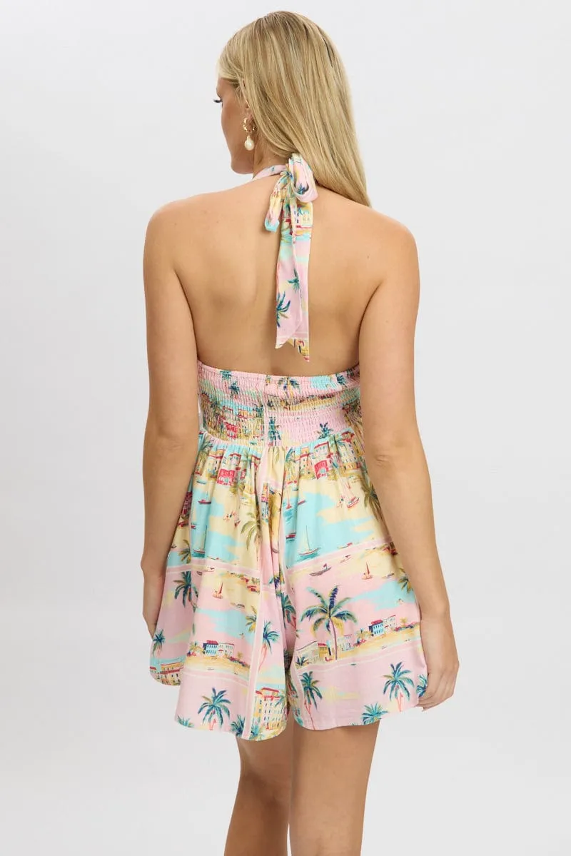 Multi Abstract Playsuit Halter Neck