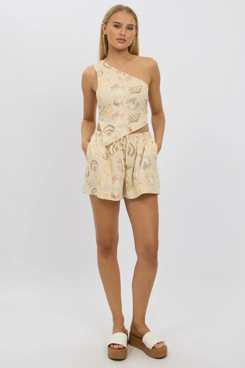 Multi Abstract Scarf Top One Shoulder Linen Blend