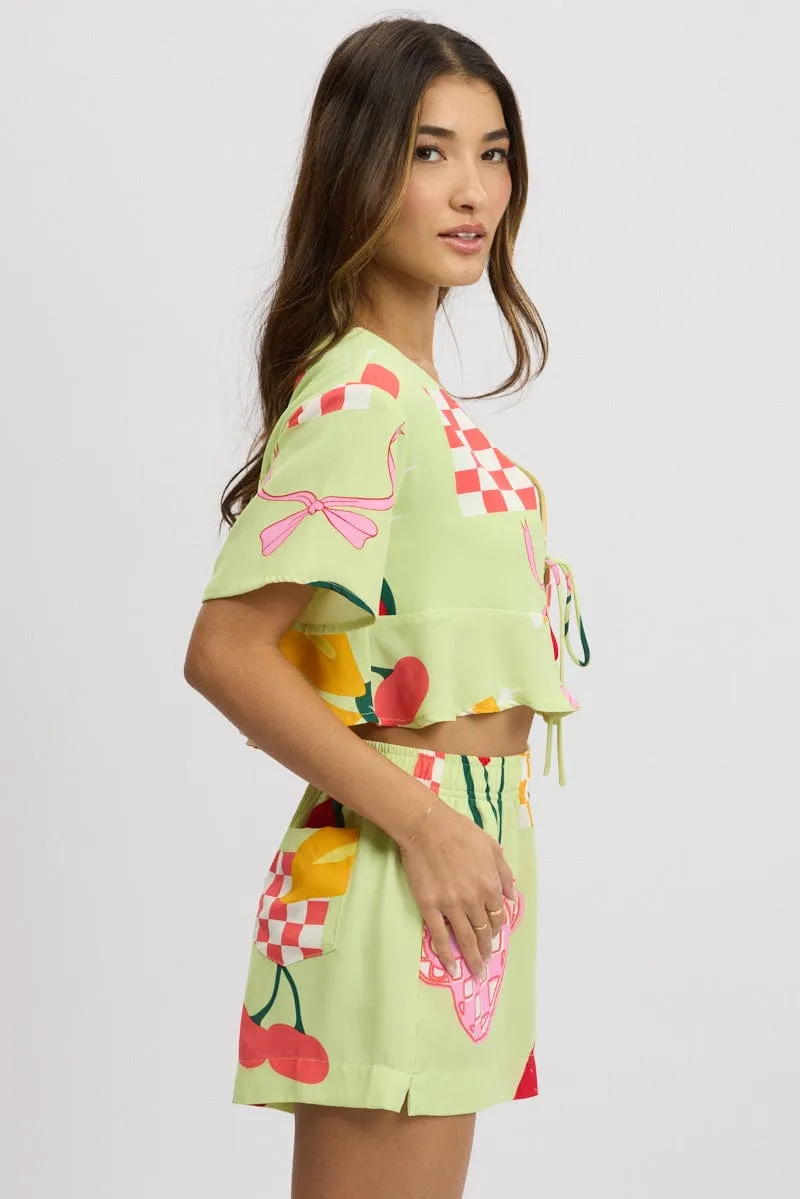 Multi Abstract Tie Up Top Short Sleeve Crop