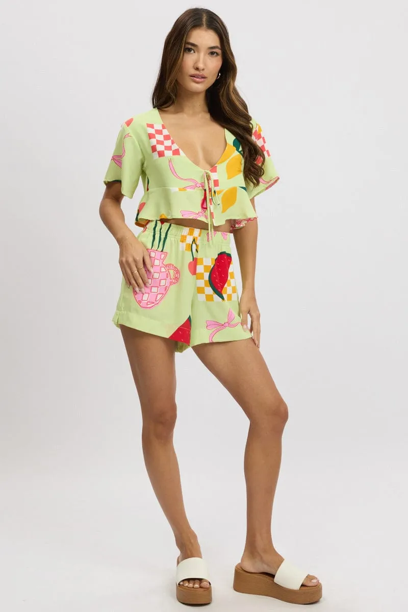 Multi Abstract Tie Up Top Short Sleeve Crop