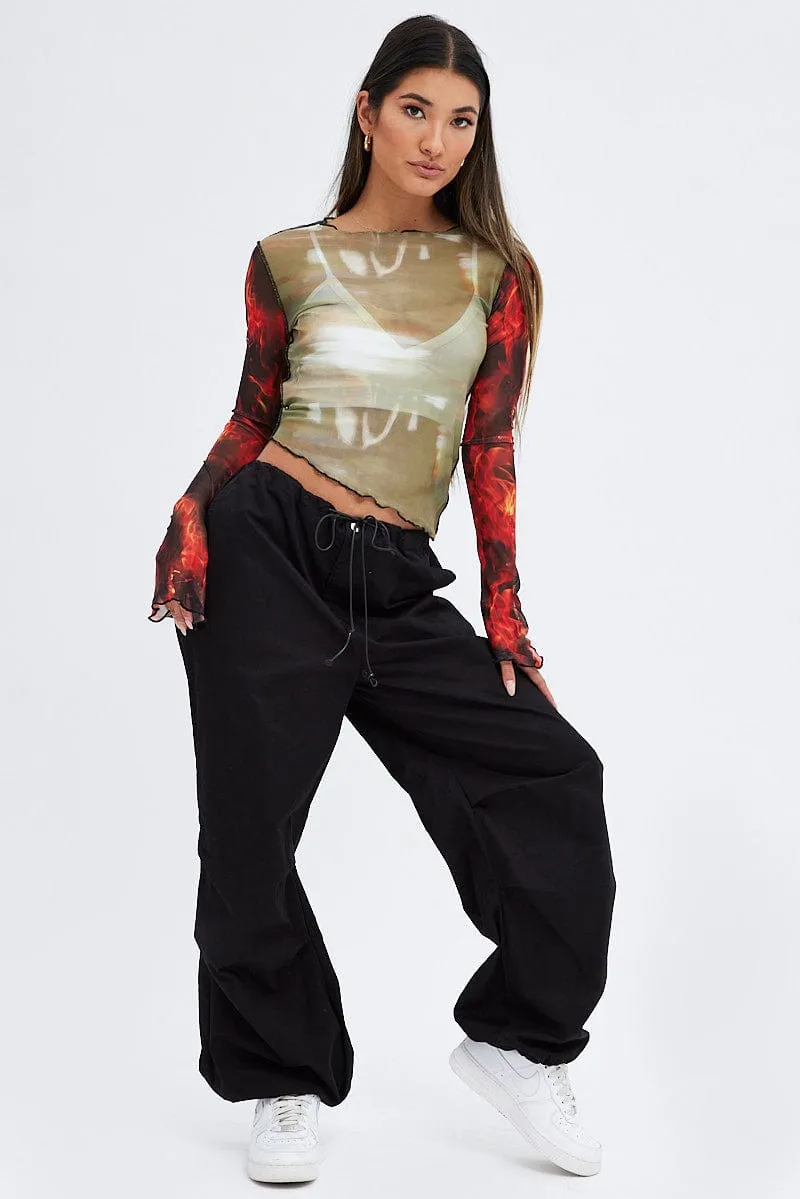 Multi Abstract Top Crew Neck Mesh Contrast Print Long Sleeves