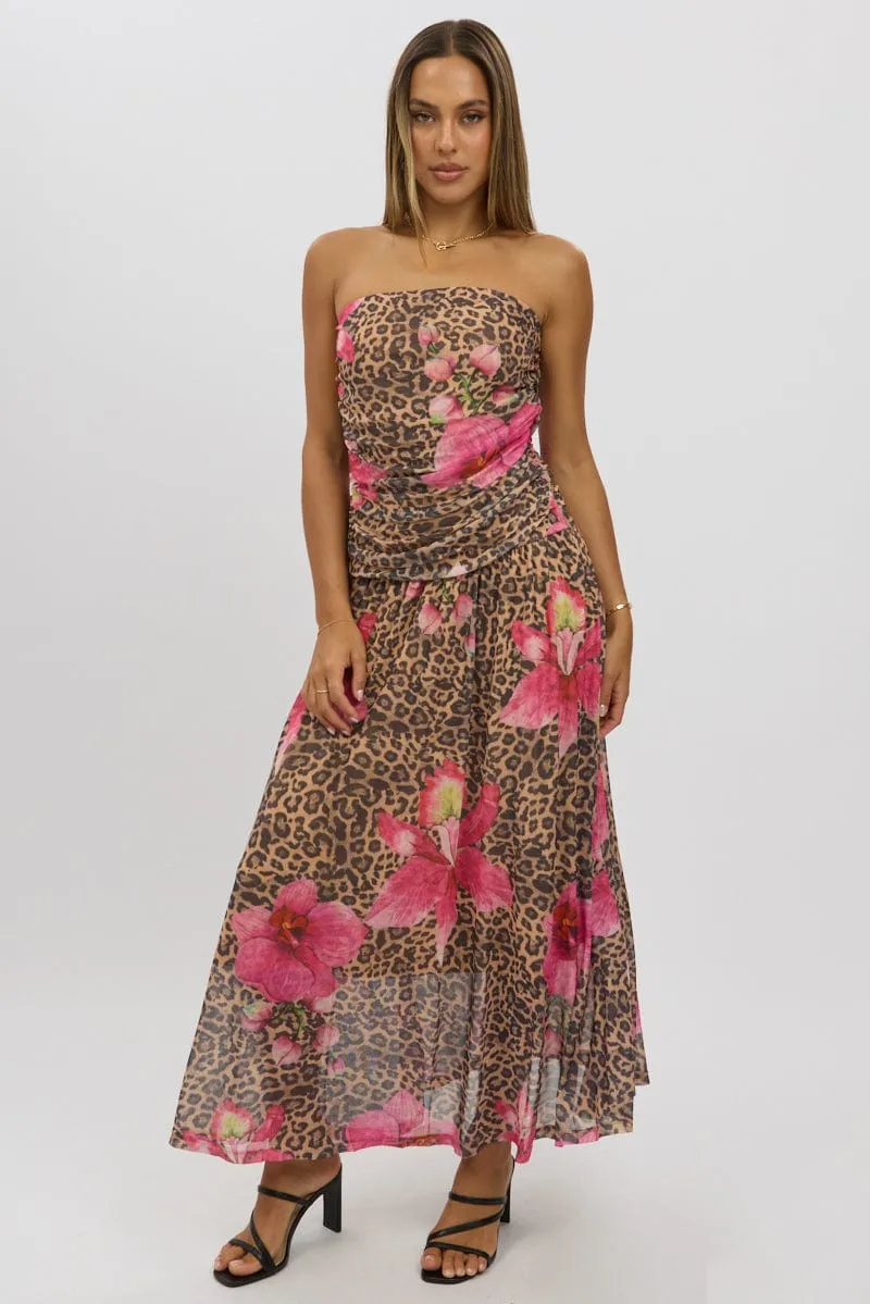 Multi Animal Print Maxi Dress Strapless Drop Waist Mesh