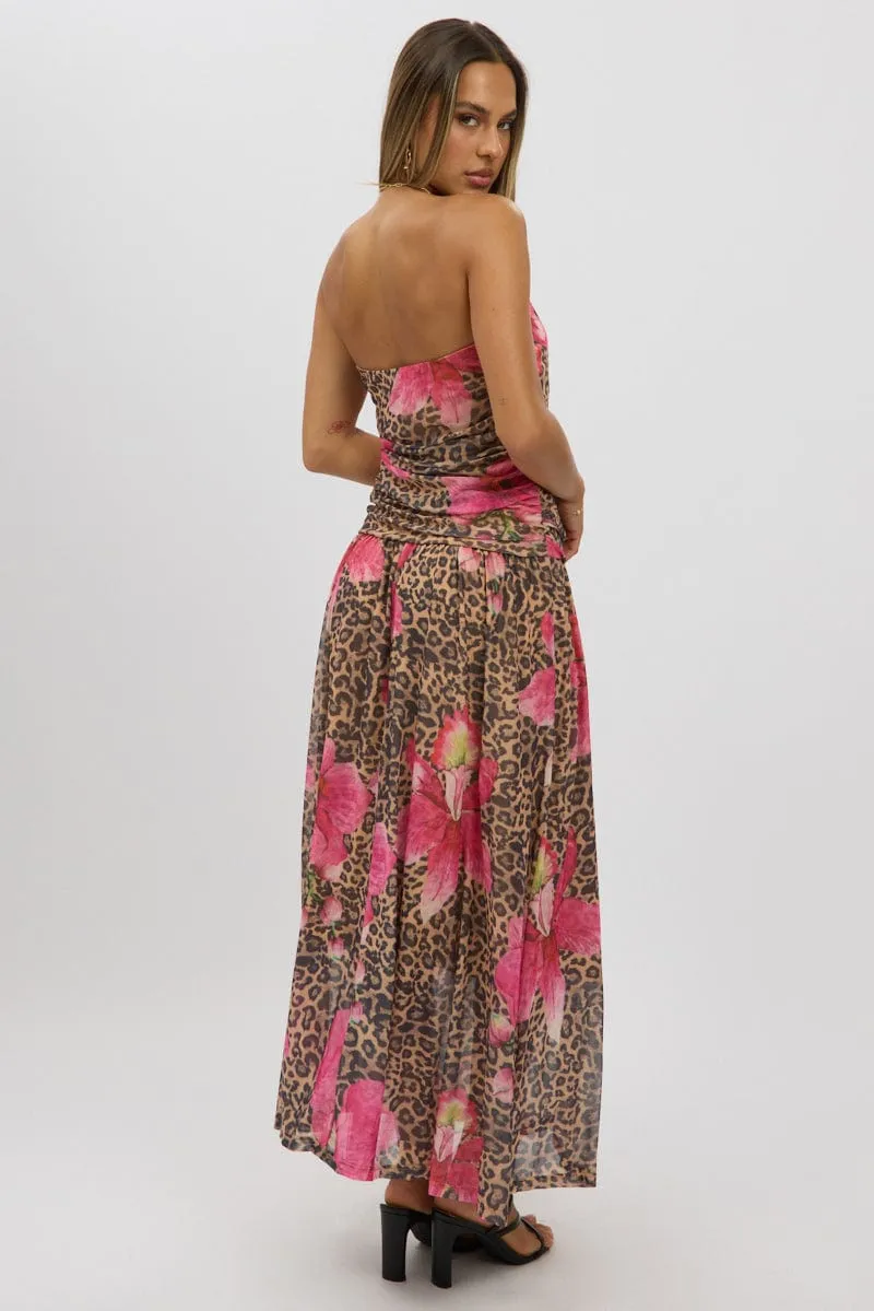 Multi Animal Print Maxi Dress Strapless Drop Waist Mesh