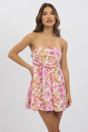 Multi Floral Strapless Dress Bubble Mini