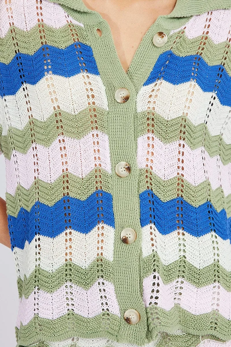 Multi Stripe Collar Knit Cardigan Short Sleeve