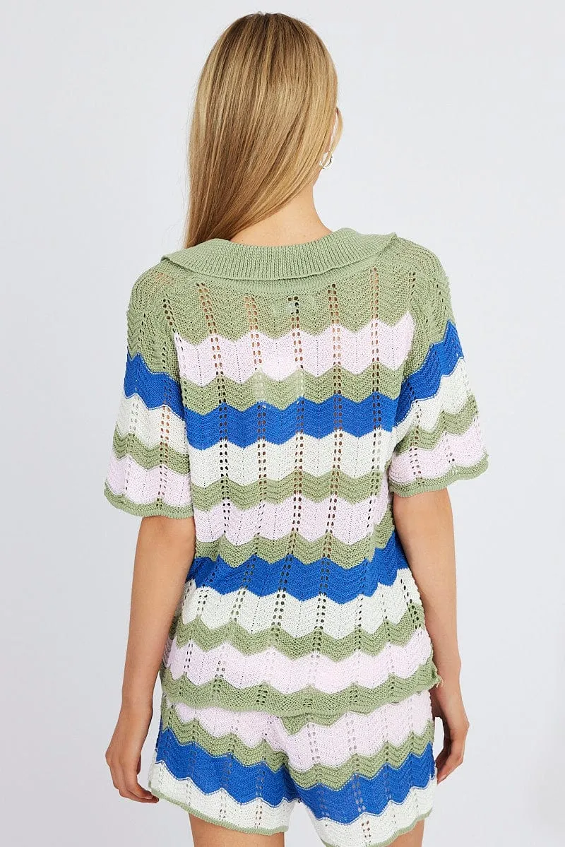 Multi Stripe Collar Knit Cardigan Short Sleeve
