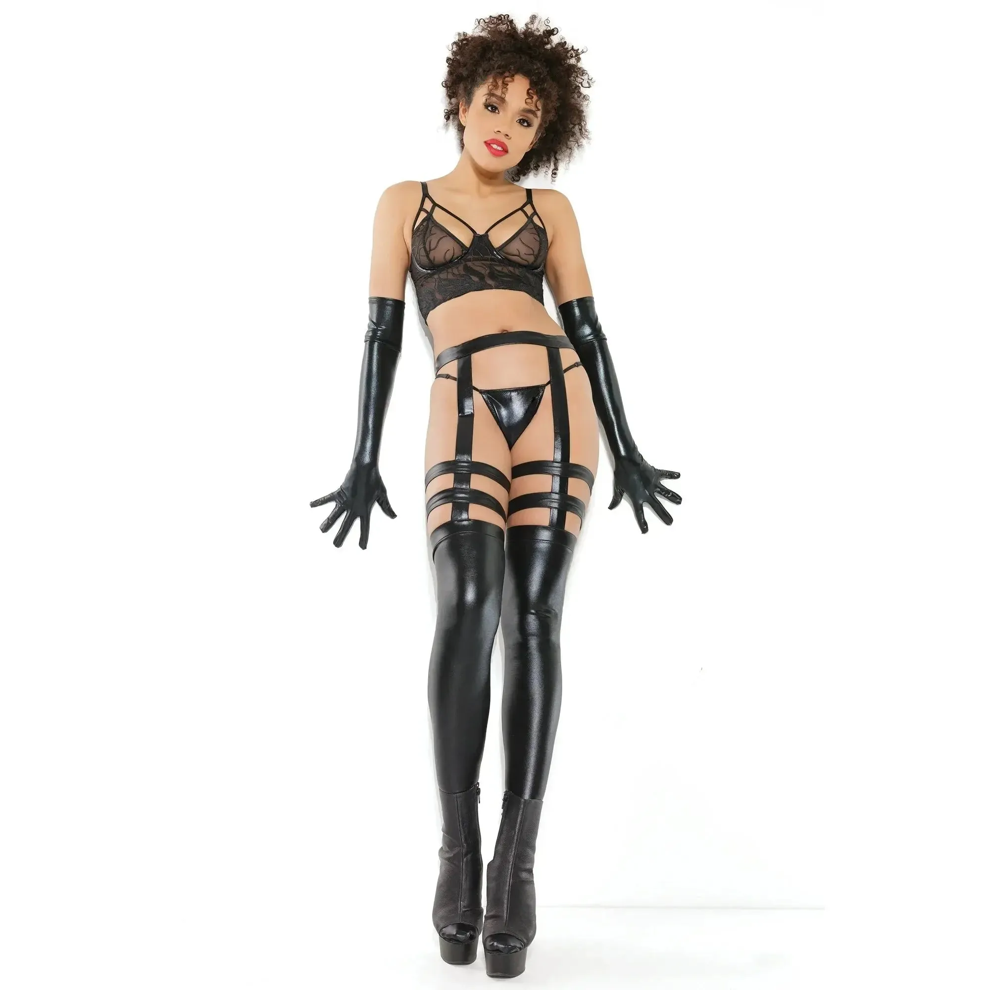 Plus Size Thigh-High Wetlook Bondage Stockings with Garters Black BDSM Lingerie