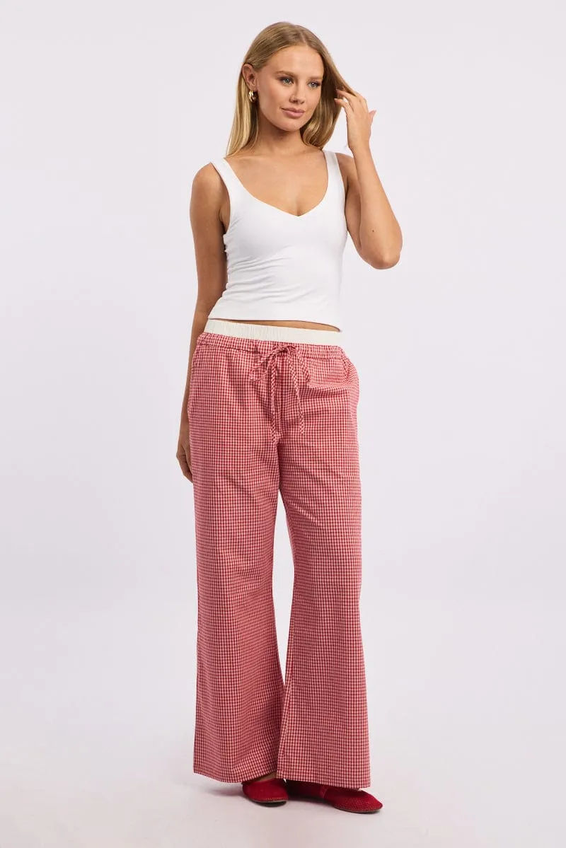 Red Check Wide Leg Pants Contrast Waist