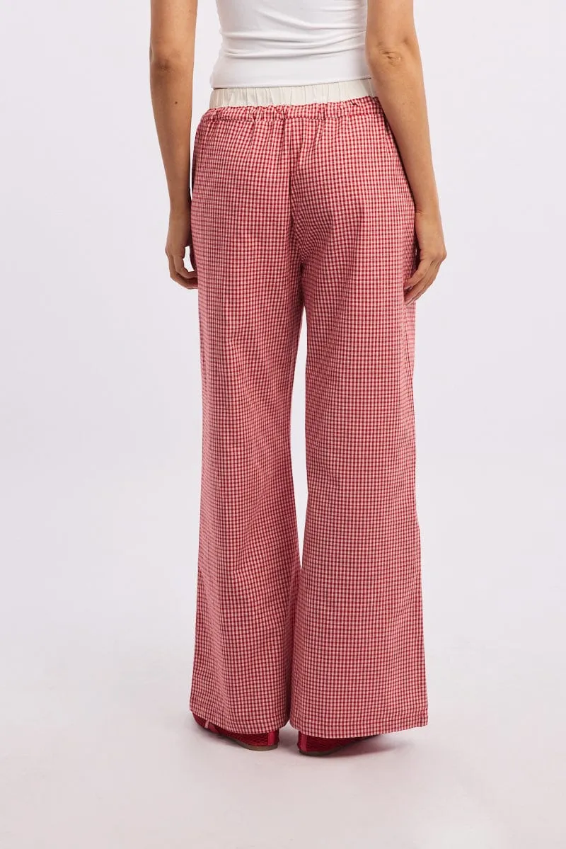 Red Check Wide Leg Pants Contrast Waist