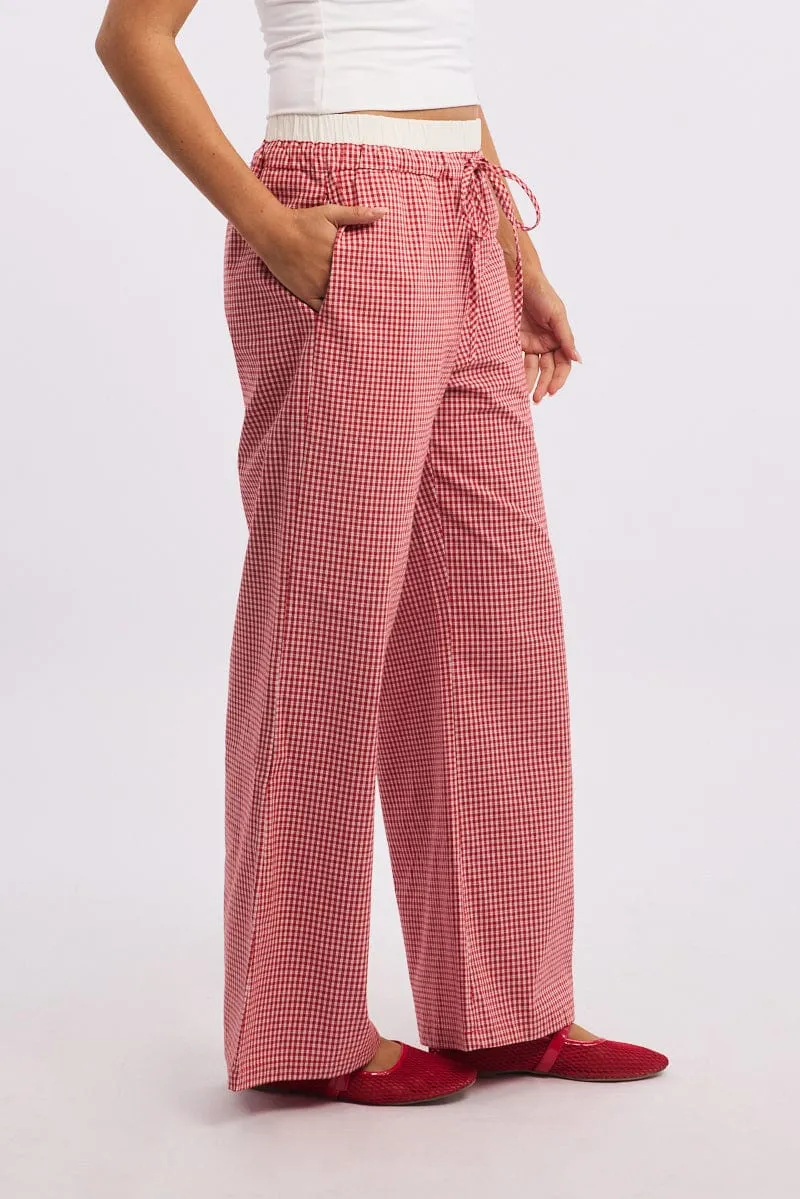 Red Check Wide Leg Pants Contrast Waist